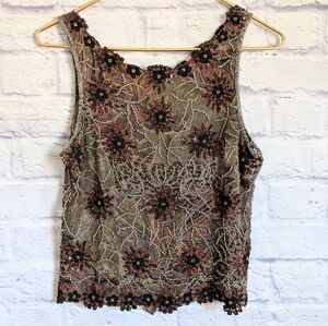 Vintage 90s Beaded Silk Top M Brown Floral Animal Print Y2K Sequin Sleeveless